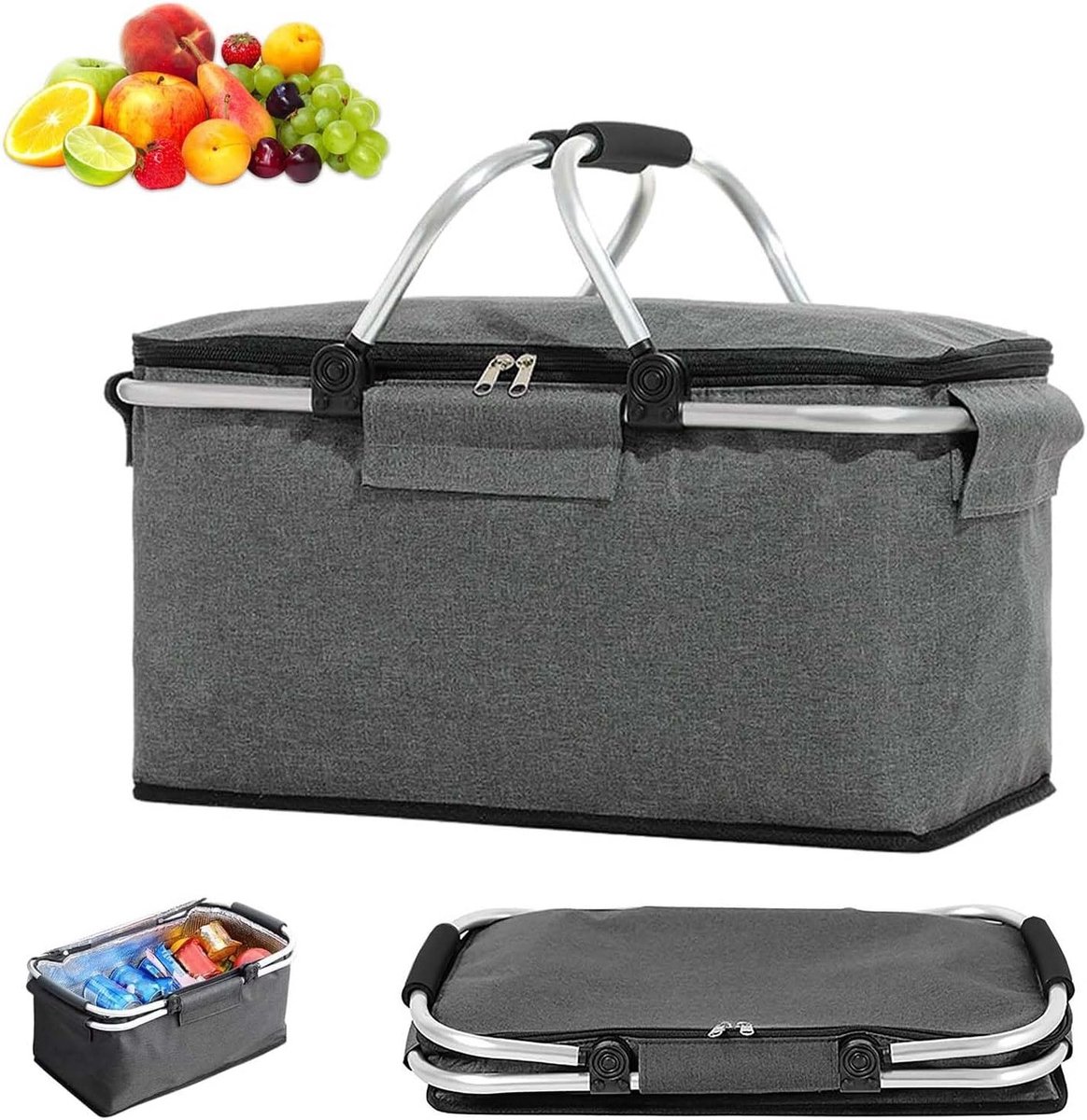 Vouwbare Winkelmand 18 Liter - Grote Geïsoleerde Picknickmand met Deksel, Rits en Handvatten voor Kamperen, Strand en Picknick - Grijs