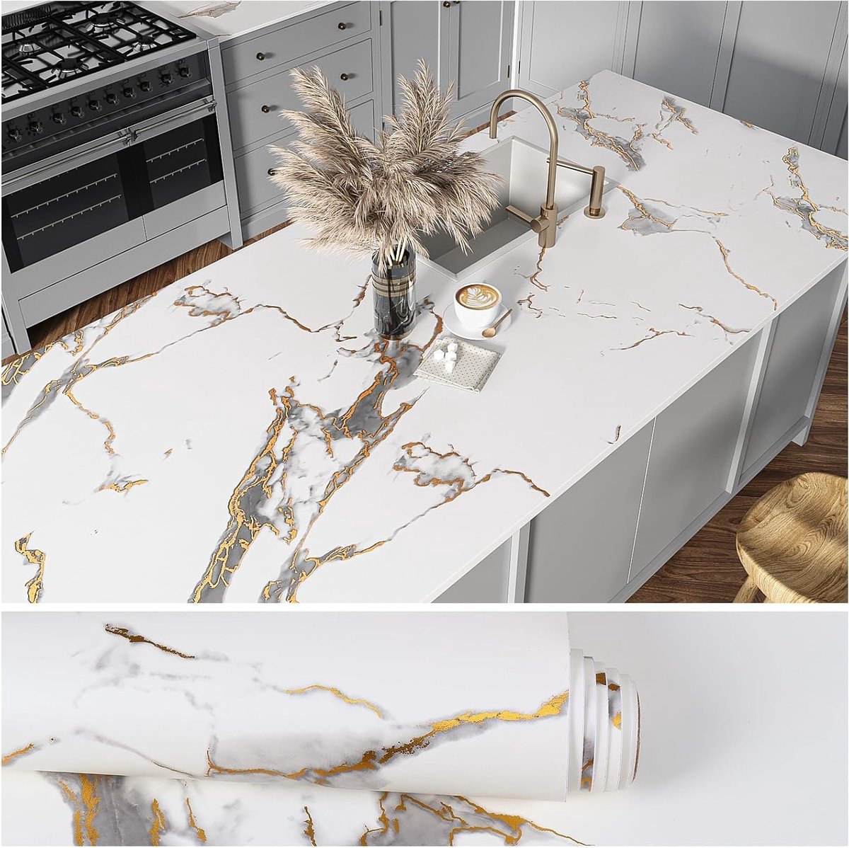 Luxe Witte Marmer Behang voor Keuken en Badkamer, Zelfklevend Vinyl met Matte Grijze Marmerlook, 40cm×300cm