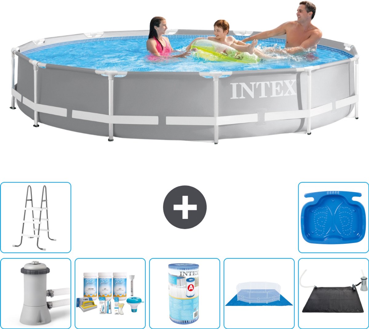 Intex Rond Prism Frame Zwembad - 366 x 76 cm - Grijs - Inclusief Pomp - Onderhoudspakket - Filter - Grondzeil - Solar Mat - Ladder - Voetenbad - 8-delig