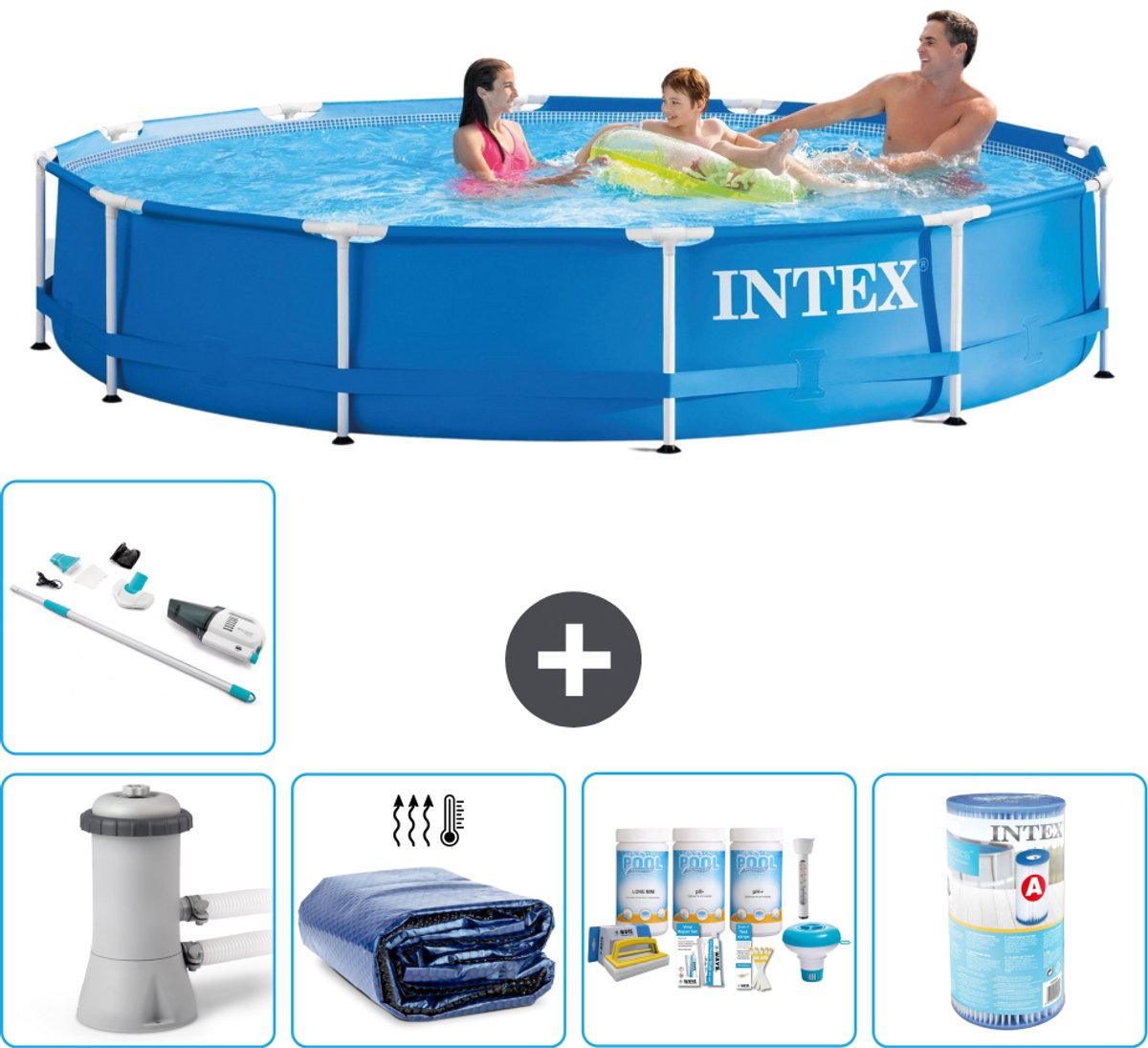 Intex Rond Frame Zwembad - 366 x 76 cm - Blauw - Inclusief Pomp - Solarzeil - Onderhoudspakket - Filter - Stofzuiger - 6-delig