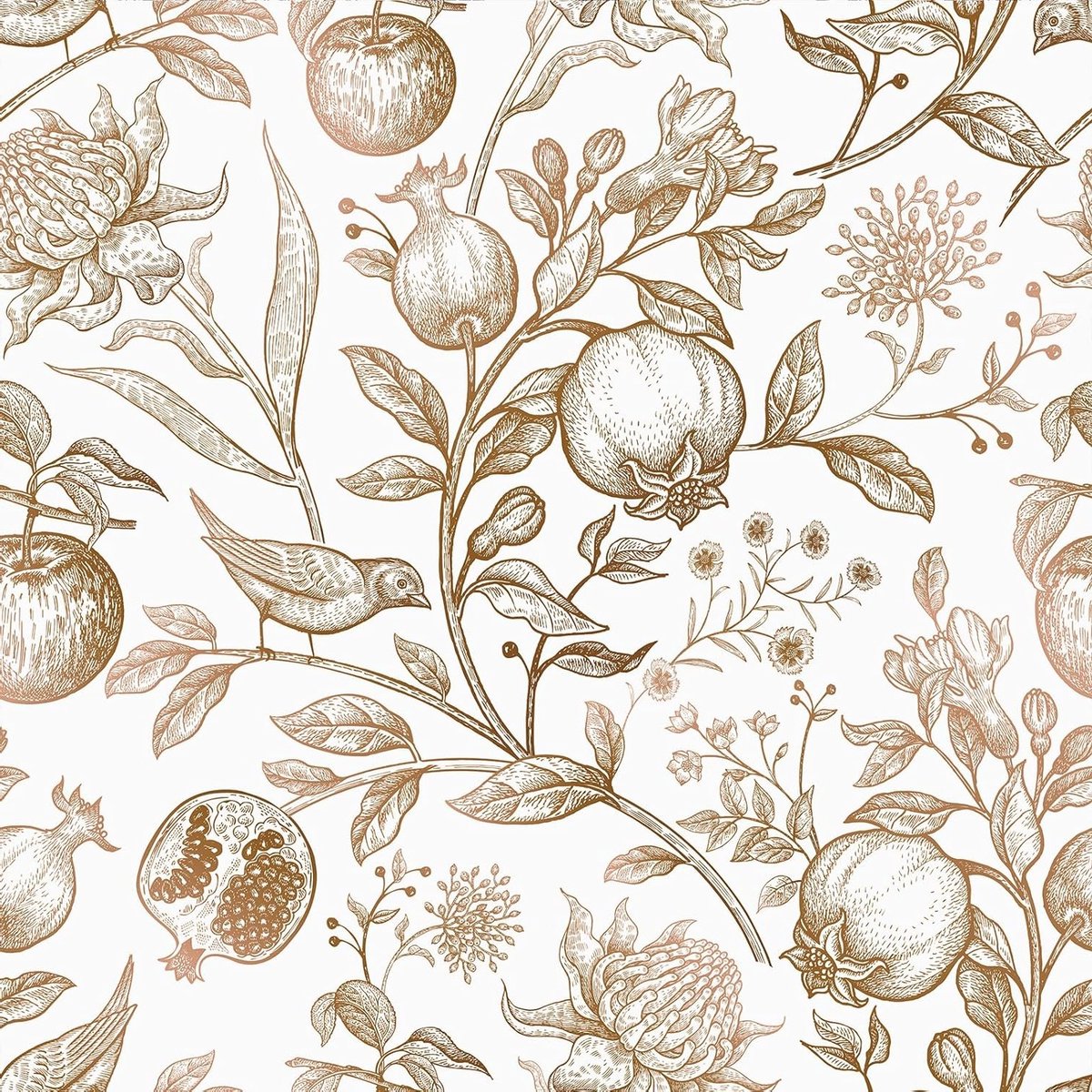 Exotische Gouden Bloemen Behang met Vintage Vogels en Fruitpatroon voor Meubels, Keuken en Slaapkamer - Zelfklevend Contactpapier 44.5cm×300cm