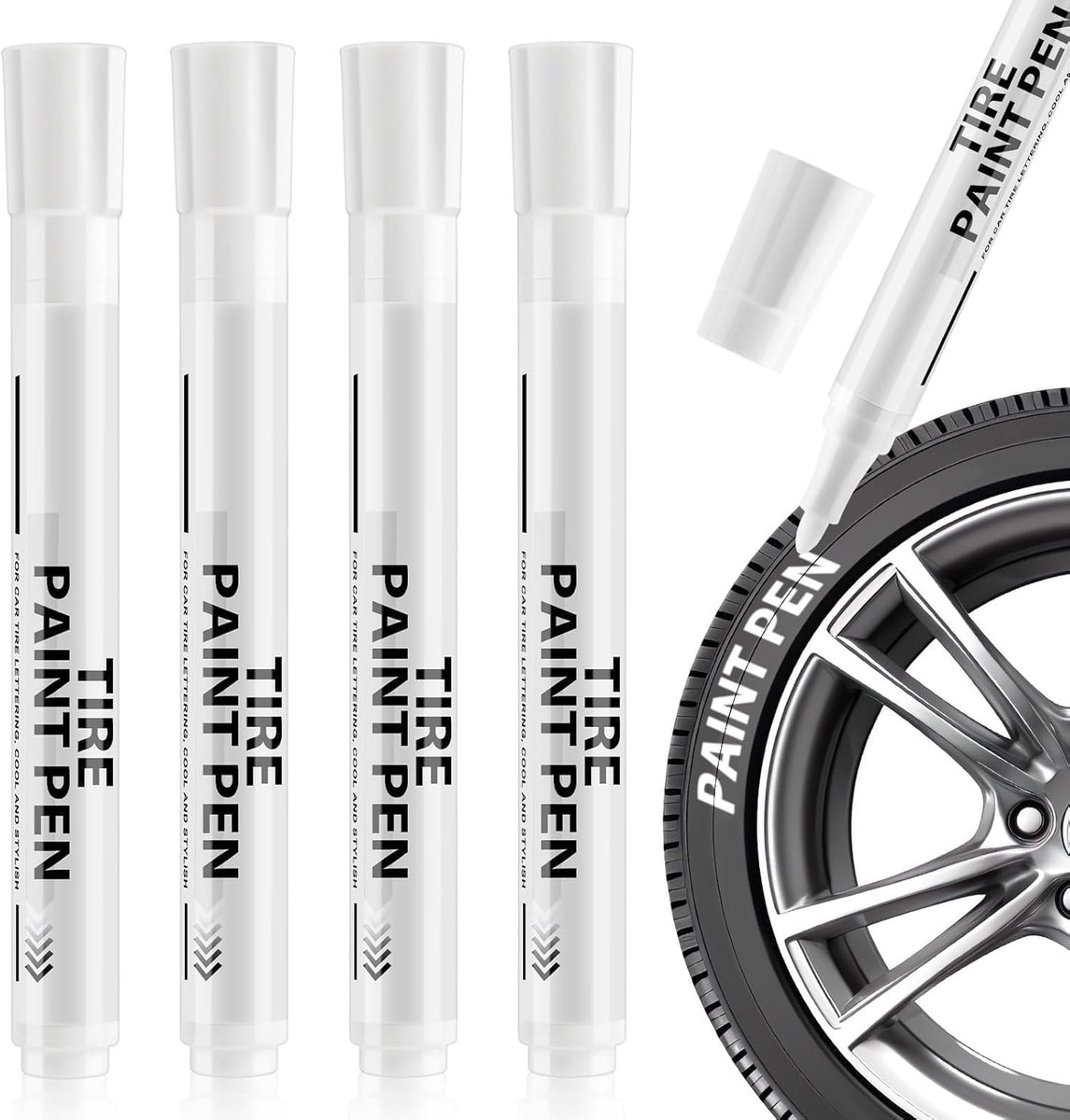 SnelShoppen - 4 Stuks Witte Permanent Marker voor Autobanden, Waterdicht, Wasbestendig, Verfpen voor Steen, Hout, Glas, Keramiek, Canvas, Tyres