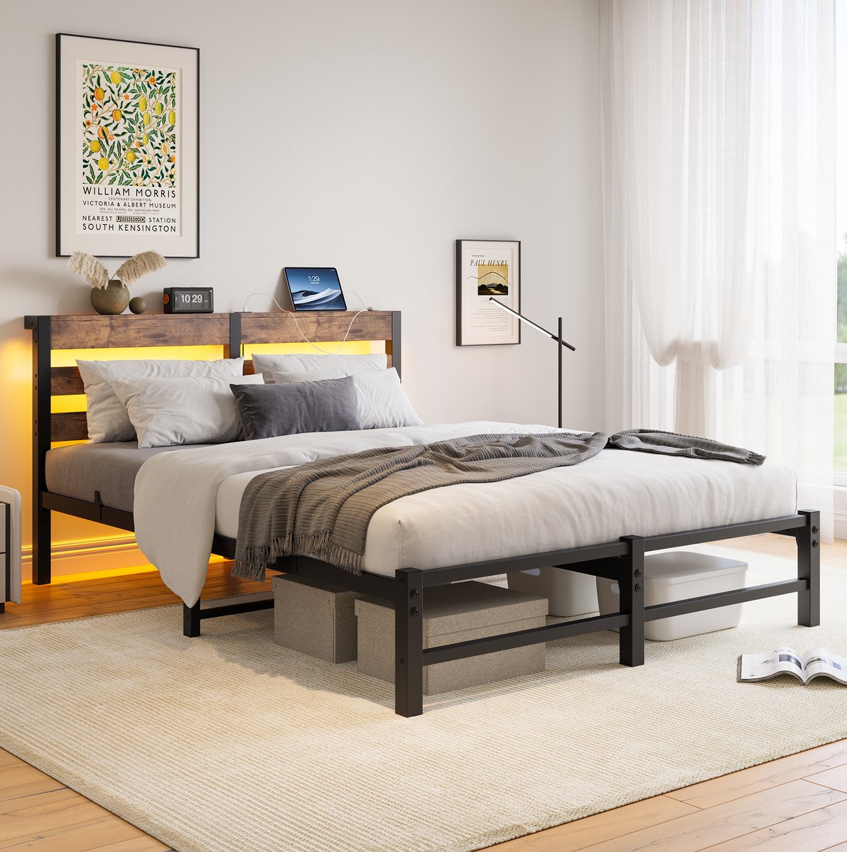HAUSS SPOLE Bed 140x200 cm - Met Led-Verlichting en 2 Usb-Aansluitingen - Zonder Matras - Met Opbergruimte en Hoofdbordplank - Metaal - Zwart Bruin