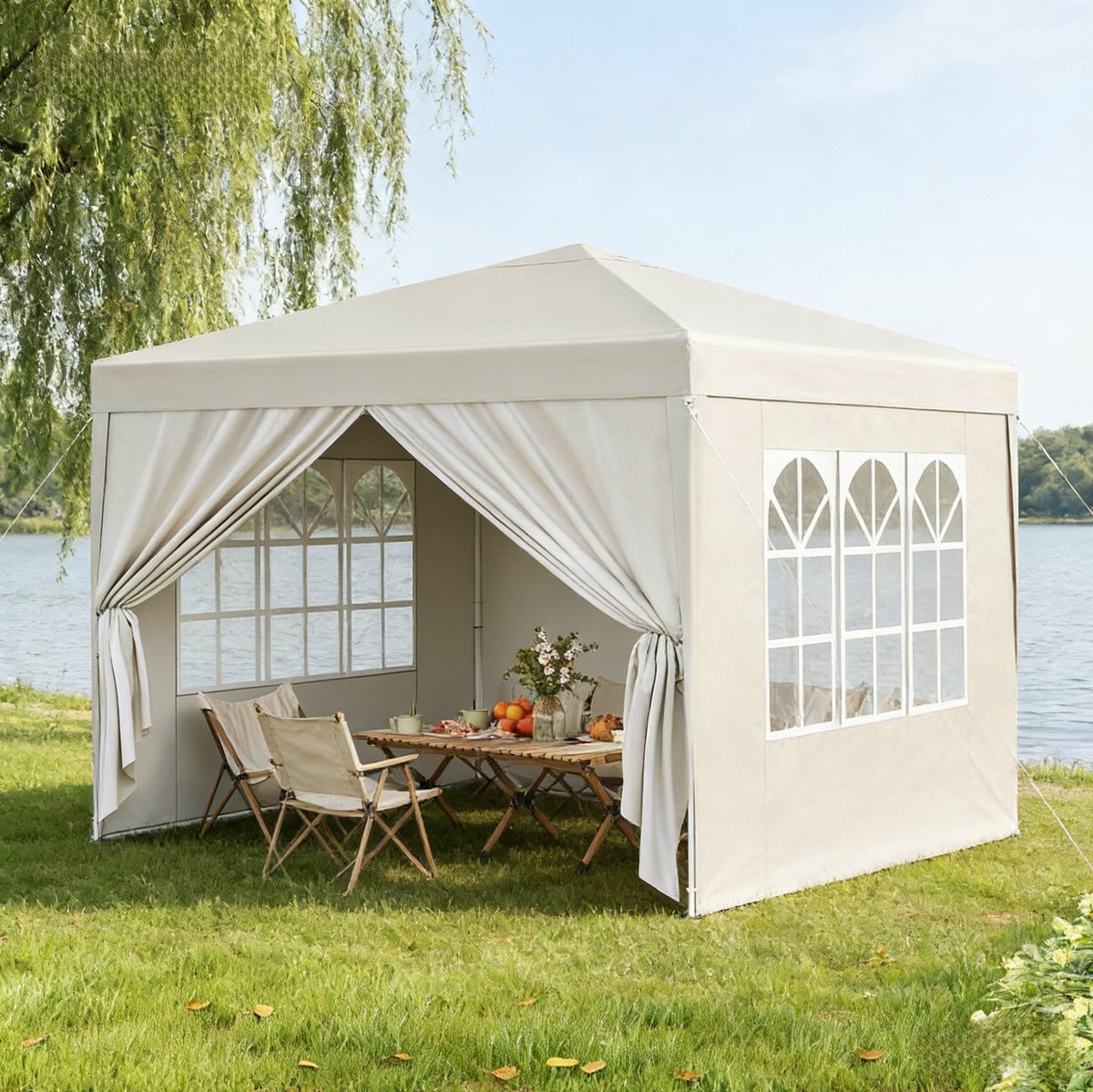 FloraGrace Partytent – Opvouwbaar en Hoogte Verstelbaar – 3 x 3 m – Oxford Stof en IJzer – Beige – Voor Tuin, Terras en Evenementen