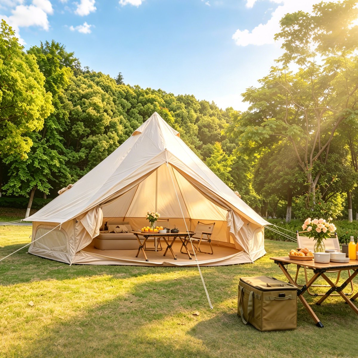 FloraGrace Belltent – Ruim 4 Tot 8 Persoons – 400 X 400 X 250 Cm – Polyester – Beige – Voor Gezinskamperen En Glamping – Met Kachetdoorvoer
