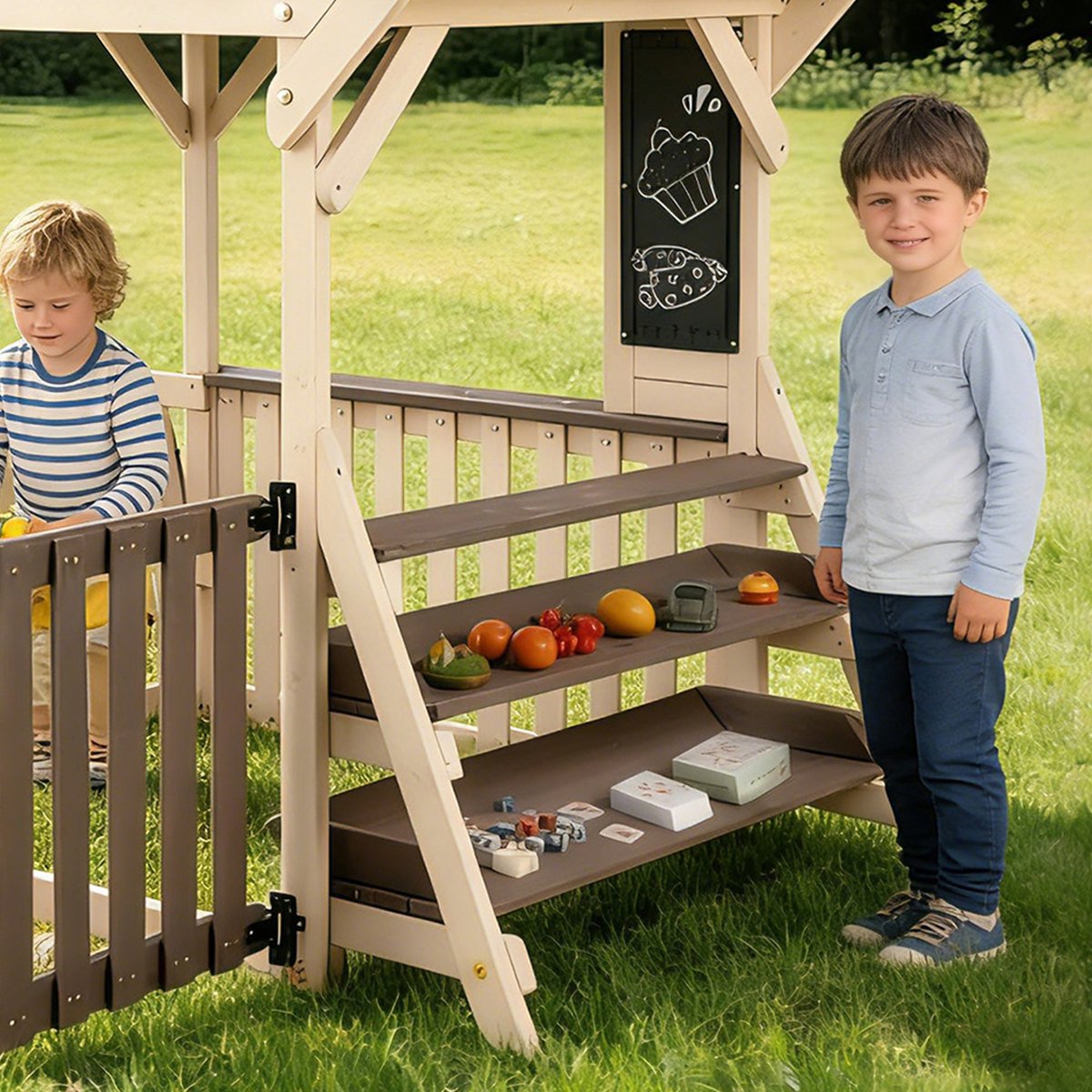 Tuinhuis Met Regendak En Halfhoge Reling – 147,5 X 114 X 156 Cm – Hout – Grijs En Beige – Buitenspelen En Opbergen Voor Kinderen Vanaf 3 Jaar