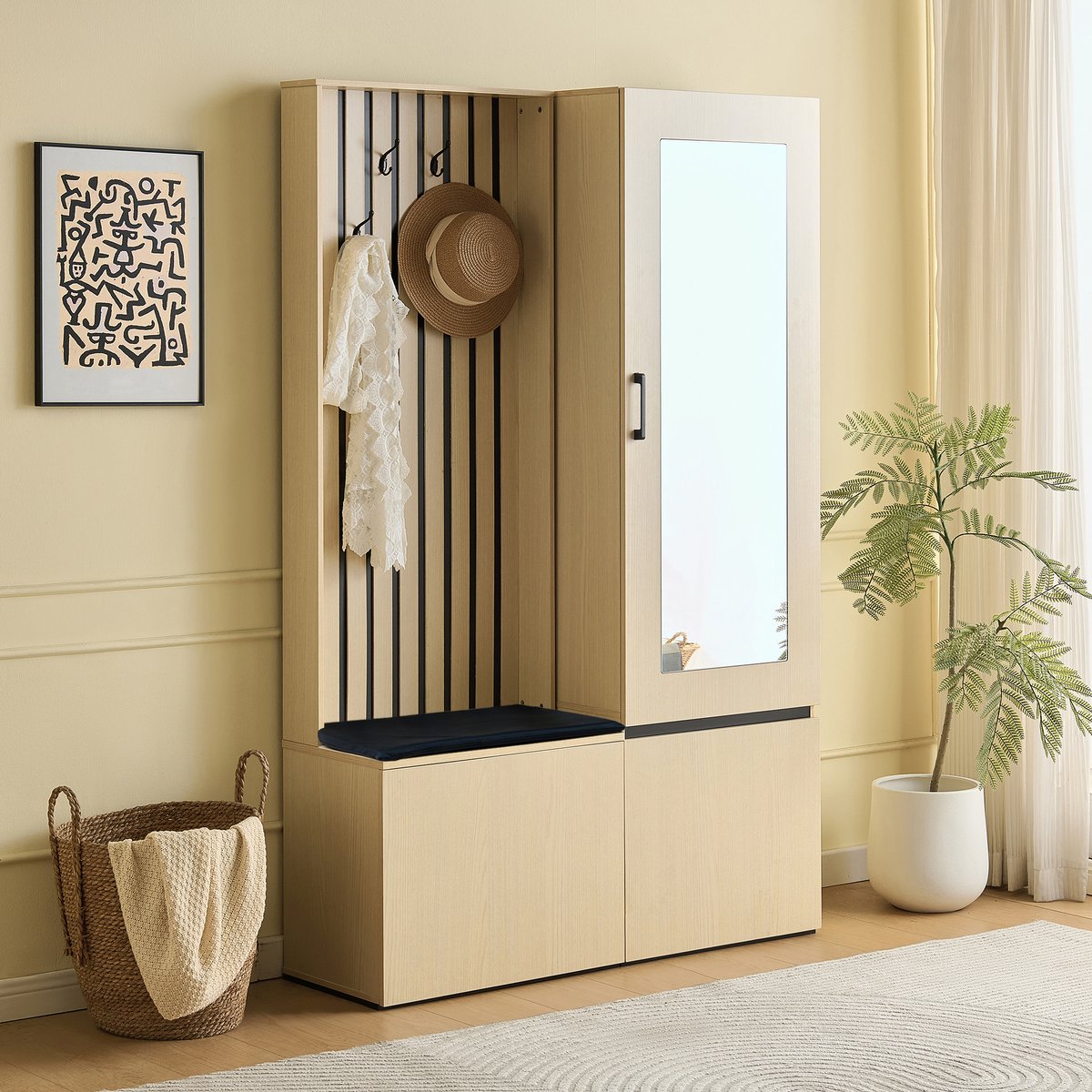 HAUSS SPOLE Halmeubel - Garderobekast Met Spiegel En Zitbank - Uittrekbare Kledingstang En Schoenenvak - MDF - 59,5x45x179,5 Cm - Houtkleur