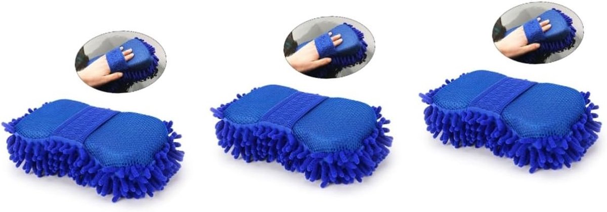 Washandschoenen Auto - Schoonmaak Spons - Auto Poetsen - Krasvrij Chenille - 3 stuks - Blauw