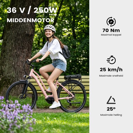 Maxtron Urban8 Elektrische fiets - 28 inch stadsfiets voor woon-werkverkeer - 250W middenmotor - koppelsensor - 70 km actieradius - 460 Wh accu met lange levensduur - hydraulische schijfremmen - Shimano versnellingssysteem - roze van Maxtron — afbeelding 4