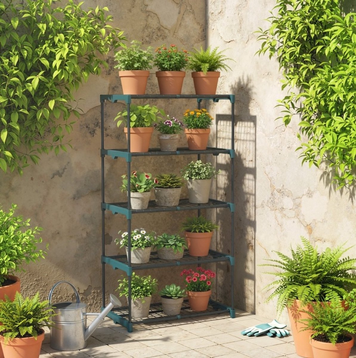 REDOM - Plantenstandaard / bloemenstandaard - 5-laags open rek - Stalen frame met kunststof verbindingsstukken - Donkergroen - Binnen en buiten - 67 x 49 x 138 cm