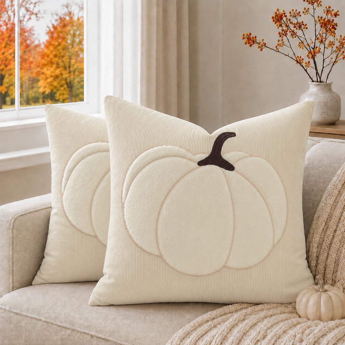 SnelShoppen - 2x ZWJD Kussenhoes Herfst 45x45 cm, Zachte Corduroy Kussenslopen met Pluchen Pompoen, Beige Decoratieve Kussens voor Bank, Woonkamer, Sl