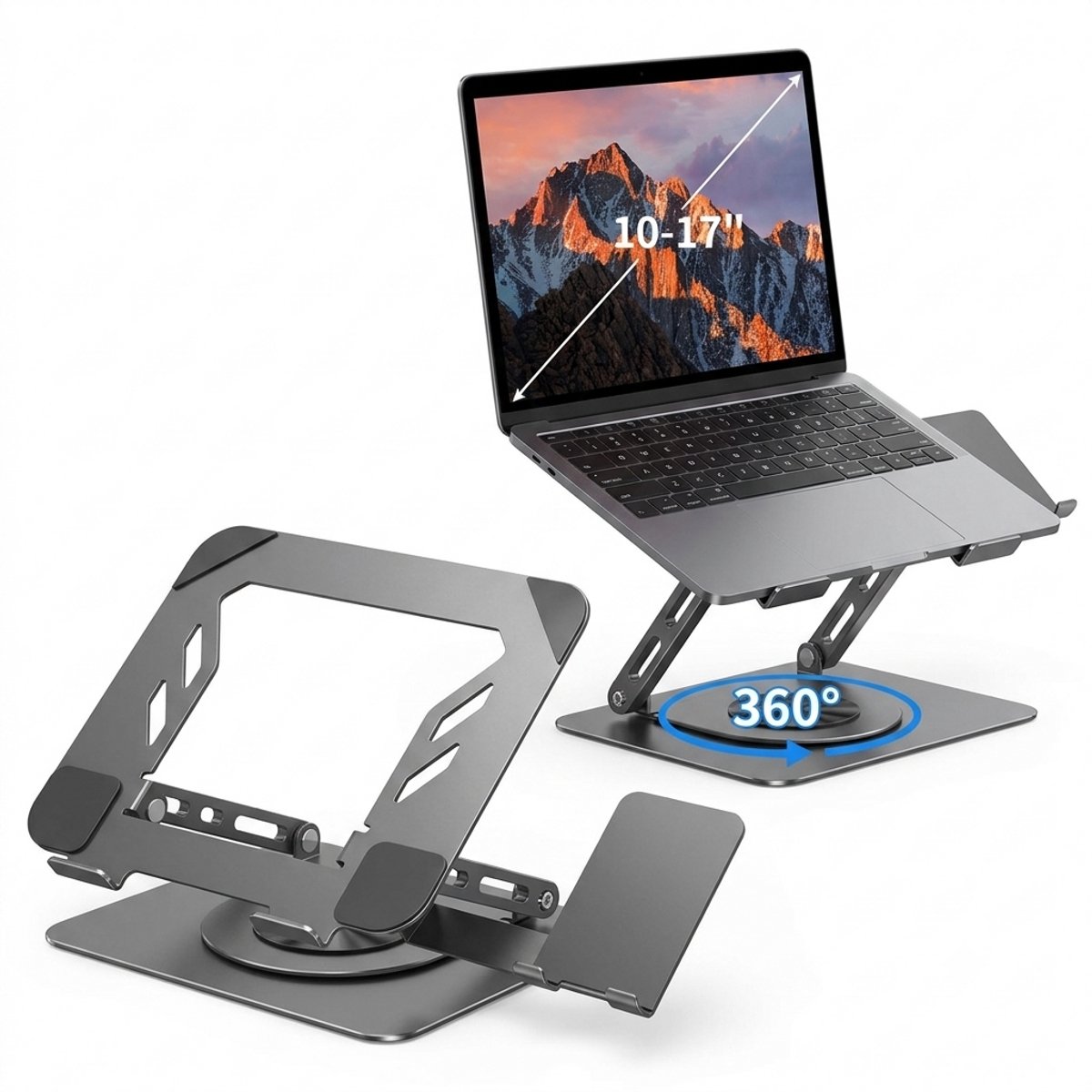 Fokelyi 2 in 1 Laptop Standaard - 360° Rotatie Verstelbaar Koolstofstaal Laptop Houder - Open Koeling Met Telefoonhouder - Opvouwbaar Ergonomisch- Voor Laptop En Tablet