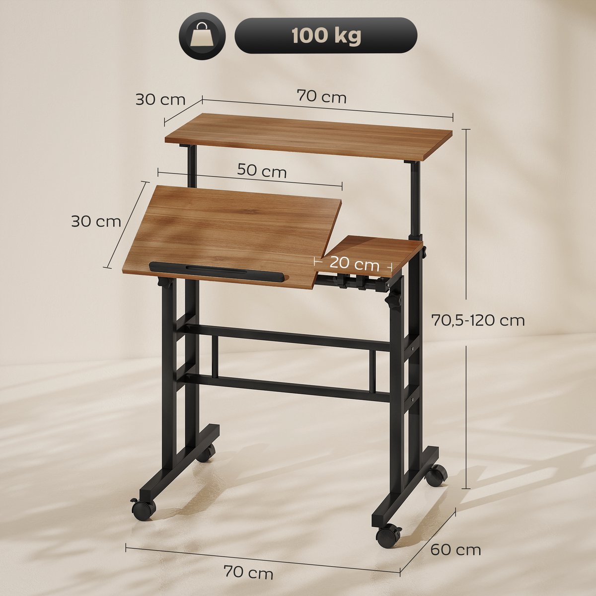 In hoogte verstelbaar zit-sta bureau 70 x 60 cm met wielen, kantelbaar blad, bruin metalen frame thumbnail 5