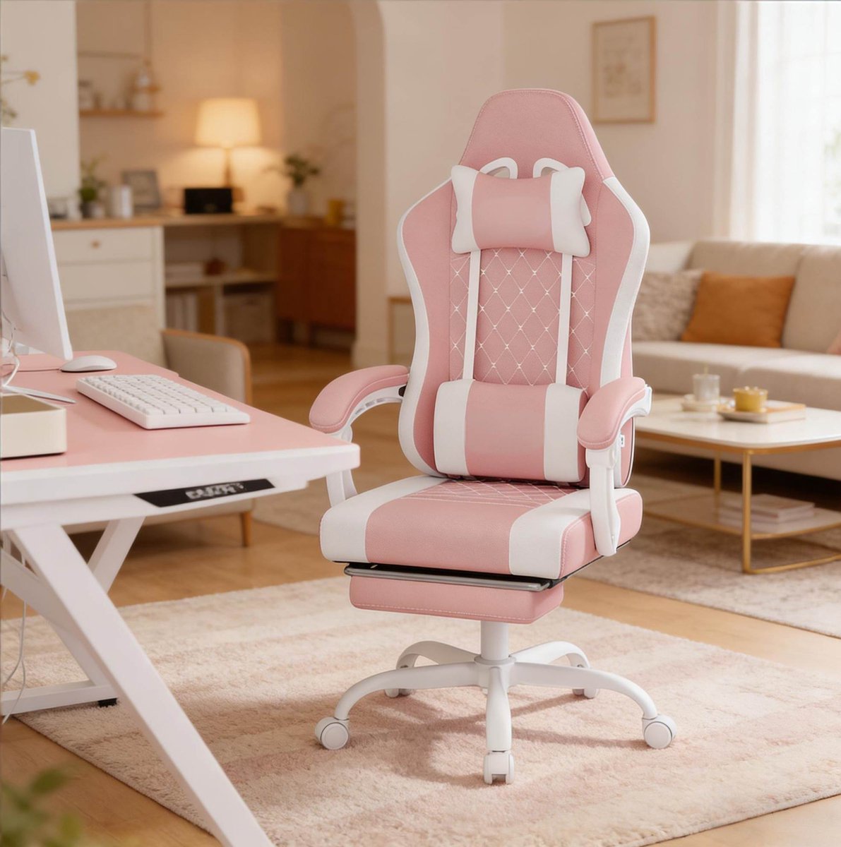 COVREO Ergonomische gaming bureaustoel 70x70x127 cm Pink White, mesh, 150 kg