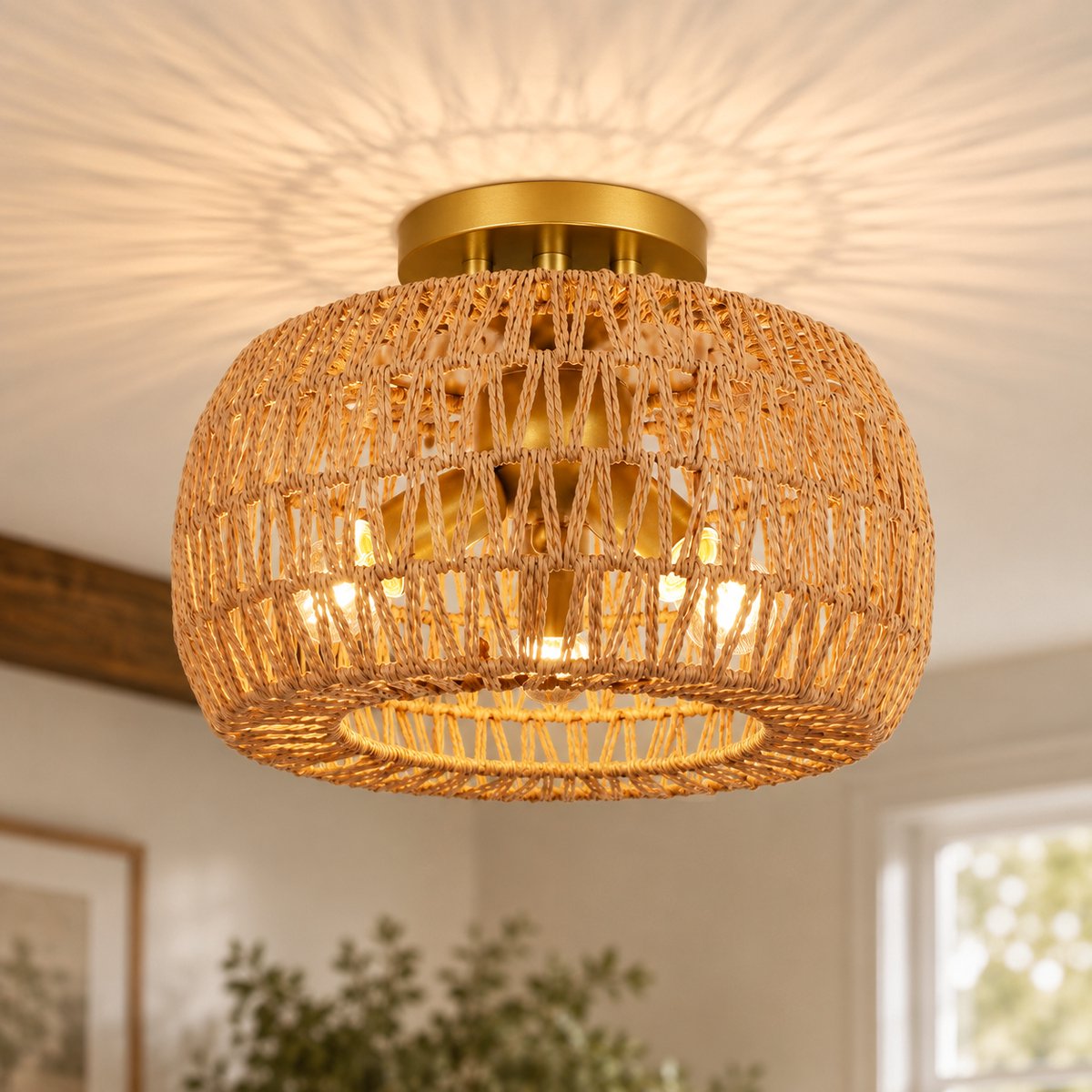 MUPOO Landelijke Rotan Plafondlamp 3-Lichts – Boho Plafonnière Ø35 cm– Inclusief 3 LED Lampen – plafondverlichting Voor Woonkamer, Eetkamer, Slaapkamer en Keuken
