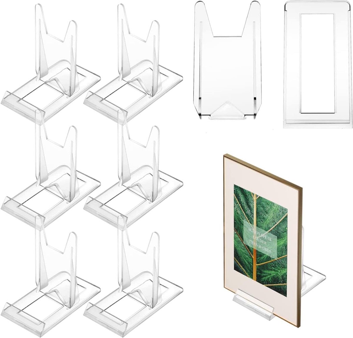 SnelShoppen - Set van 6 Verstelbare Plateholders Acryl Plastic Transparante Bordstandaard voor Platte Borden, Foto's, Tafelkaarten (11.5 x 11 x 6 cm)