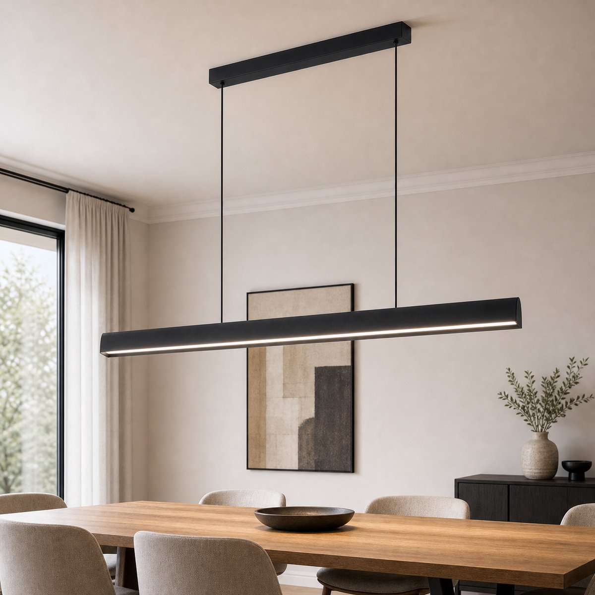 NETTLIFE LED Hanglamp Zwart - 34W - Dimbaar met Afstandsbediening | 3 Kleurtemperaturen | Hoogteverstelbaar | Moderne Eetkamerlamp voor Eettafel, Keukeneiland & Kantoor