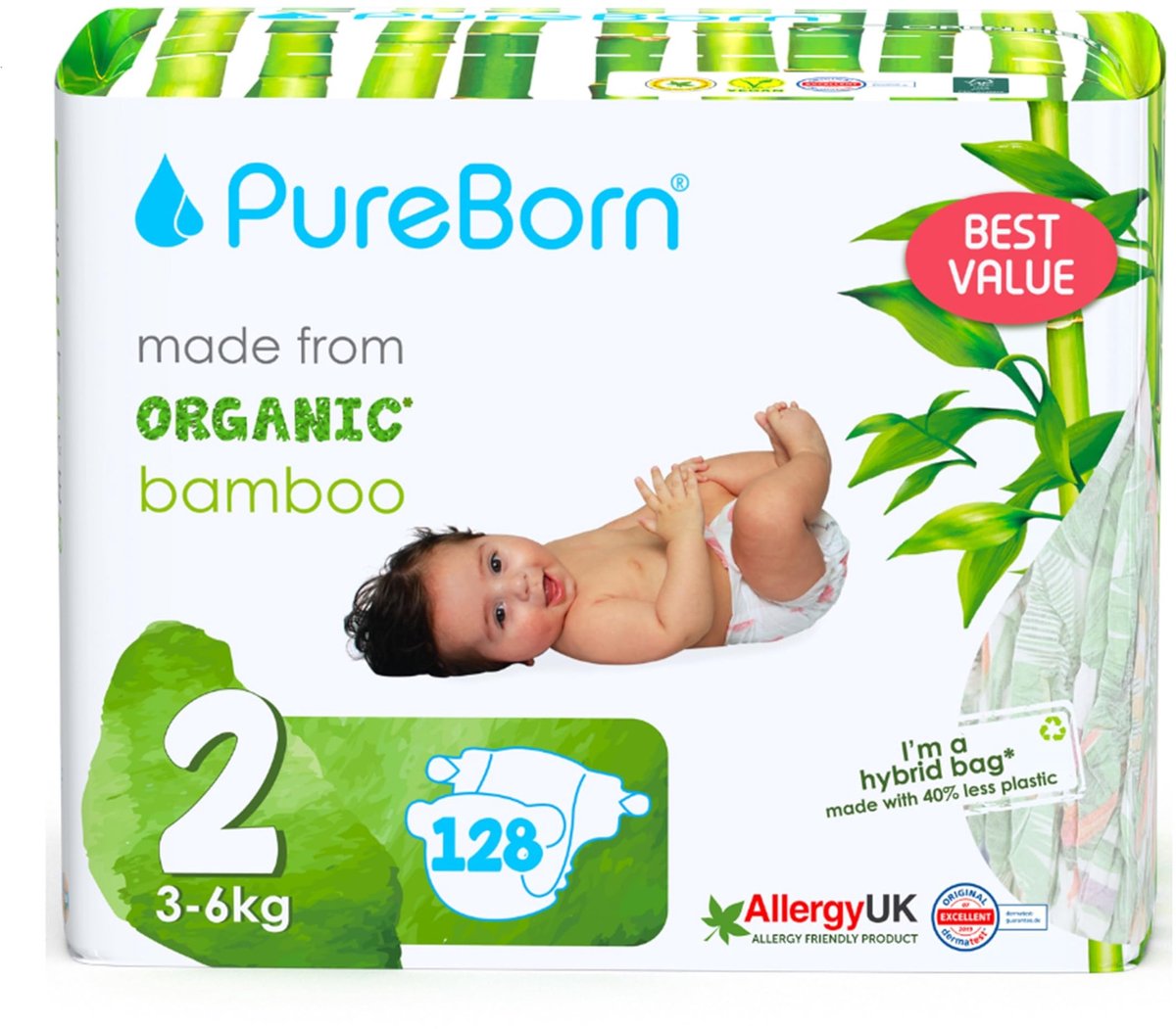SnelShoppen - PureBorn Eco Bio Bamboe Luiers Maat 2 (3-6 kg), 128 Luiers, Hypoallergeen, Ultrazacht, Milieuvriendelijk met Assorti Print en Natheidsin