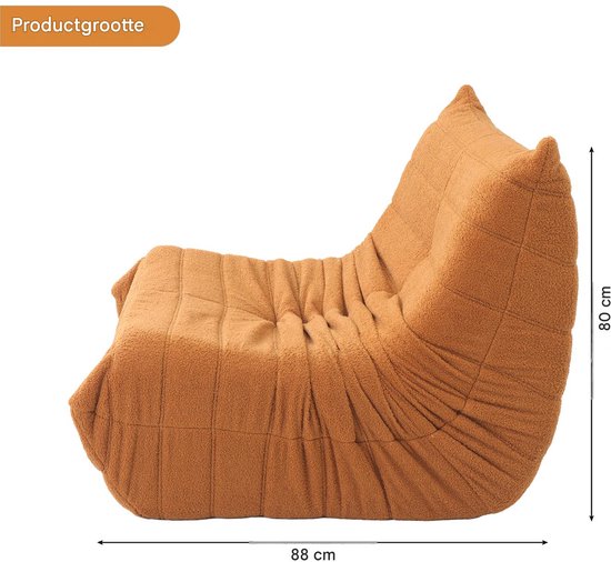 Oranje pluche zitzak met afmetingen 88 cm breed en 80 cm hoog.