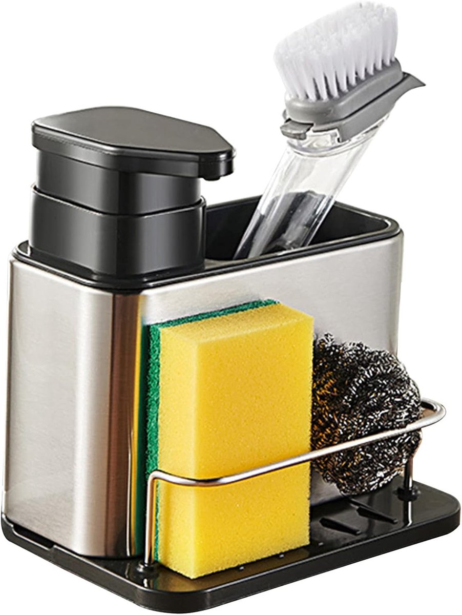 SnelShoppen - Sink Organizer Keuken, RVS Caddy met Zeepdispenser en Opbergcompartiment voor Keuken- en Badkamerspoelbakken, Drie-in-één Oplossing