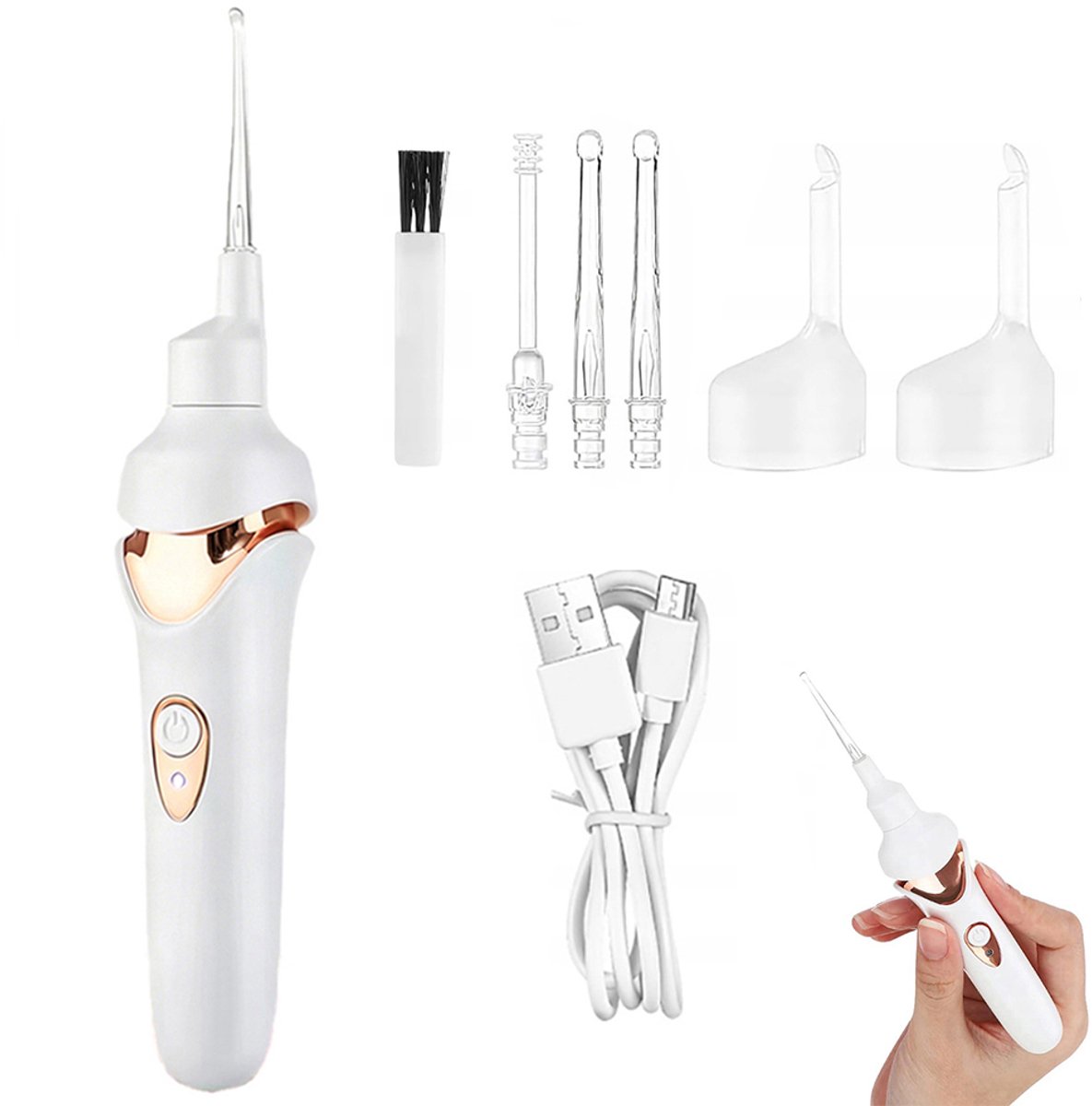 Oorreiniger - Elektrische oorreiniger - Automatische oorreiniger - Oorreiniger met zachte punt - Met LED-lampje - 200 mAh batterijcapaciteit - Comfortabel en veilig - Geschikt voor volwassenen en kinderen - Voor het verwijderen van oorsmeer - Wit