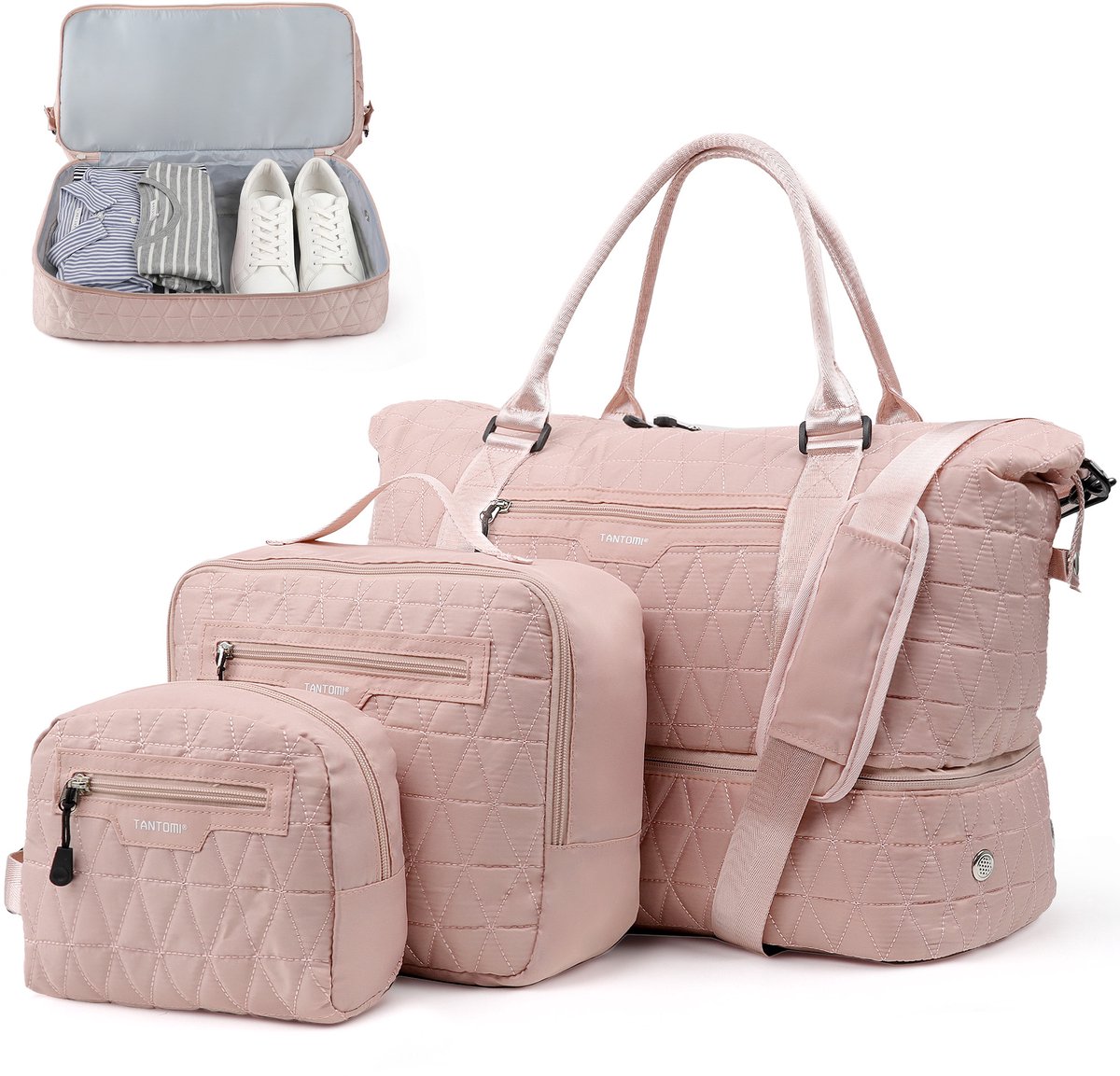 TANTOMI - Reistas - Handbagage Tas voor dames en heren - 46x23x35 cm - met make-uptas & toilettas - met schoenenvak - voor reizen, fitness, dagelijks gebruik en ziekenhuis - Weekendtas - Sporttas - Roze
