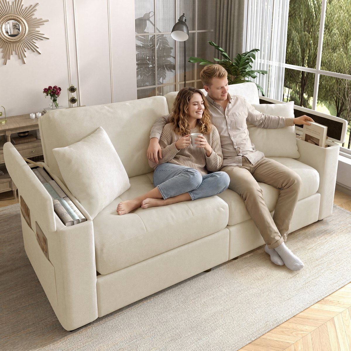 Moderne tweezitsbank met armleuningopslag - inclusief 2 comfortabele kussens - beige