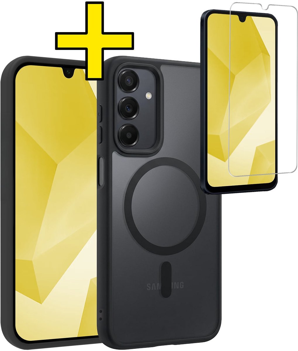 Hoesje - Met Screenprotector - Geschikt voor Samsung Galaxy A16 - Magsafe Compatible - Sterk & Shockproof - Back Cover - Shock Proof Case - Telefoon Hoes - Telefoonhoesjes - Zwart