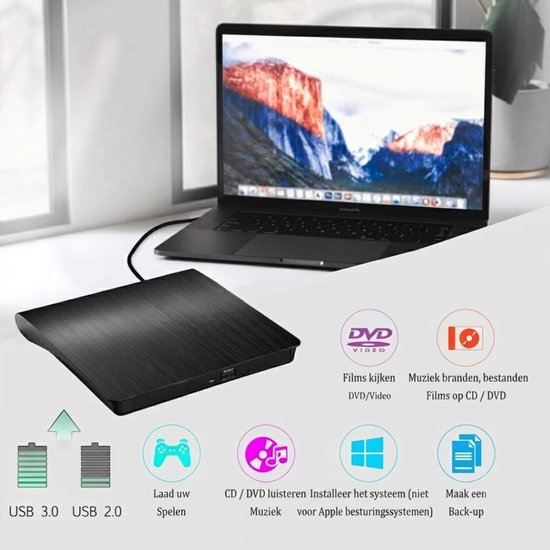 JCP® Dvd Speler - Dvd Speler voor Laptop - Externe Dvd Speler voor Laptop - Zwart - 14cm x 14cm x 2cm — afbeelding 4