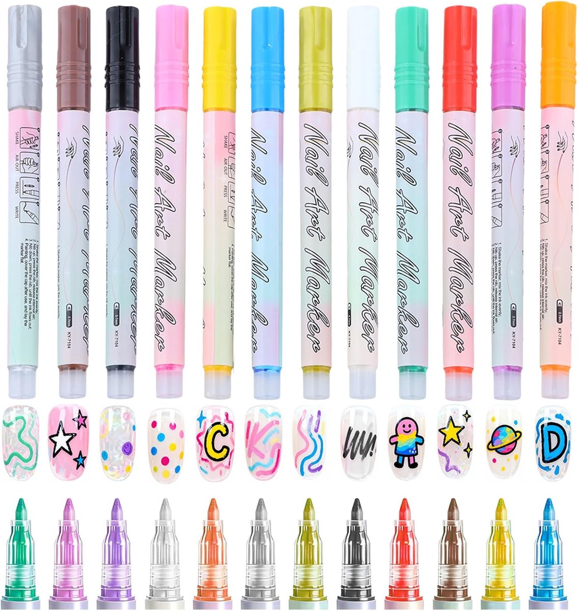 Culinavog 12-kleuren 3D Nail Art pennen, 0,7 mm sneldrogende nagellakpennen, waterdichte en duurzame Poolpen - ShopVlot