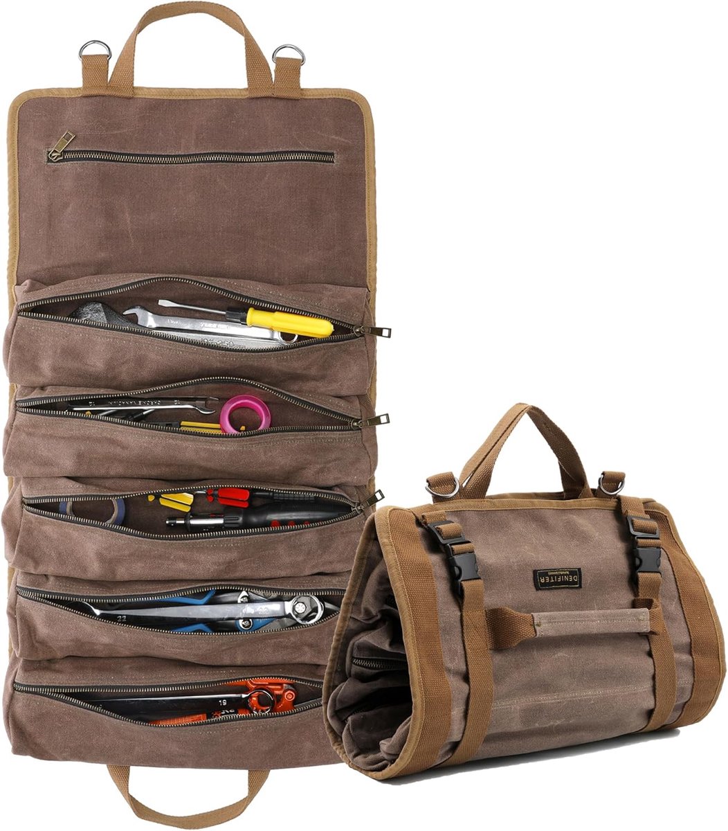 SnelShoppen - Gereedschap Rolltas, Hoogwaardige Gewaxte Canvas Multifunctionele Gereedschap Organizer met 6 Ritsvakjes (Grijs)