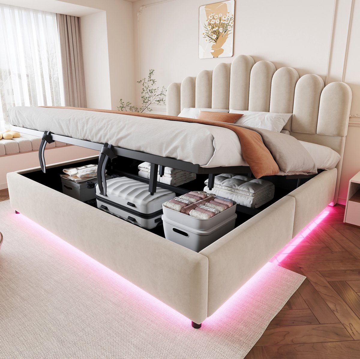 FloraGrace Gestoffeerd Bed 180x200 cm - Opklapbed Met Ledverlichting En Opbergruimte - Velours - Beige - Zonder Matras