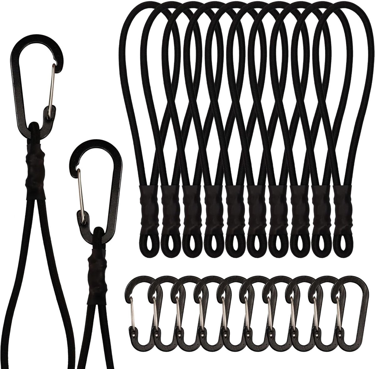 SnelShoppen - 10 Stuks Elastische Spanbanden met Karabijnhaak, 15 cm, Elastisch Touw, Rubber Spanhaken voor Camping, Tent, Dekzeilen, Duurzaam, 20 cm