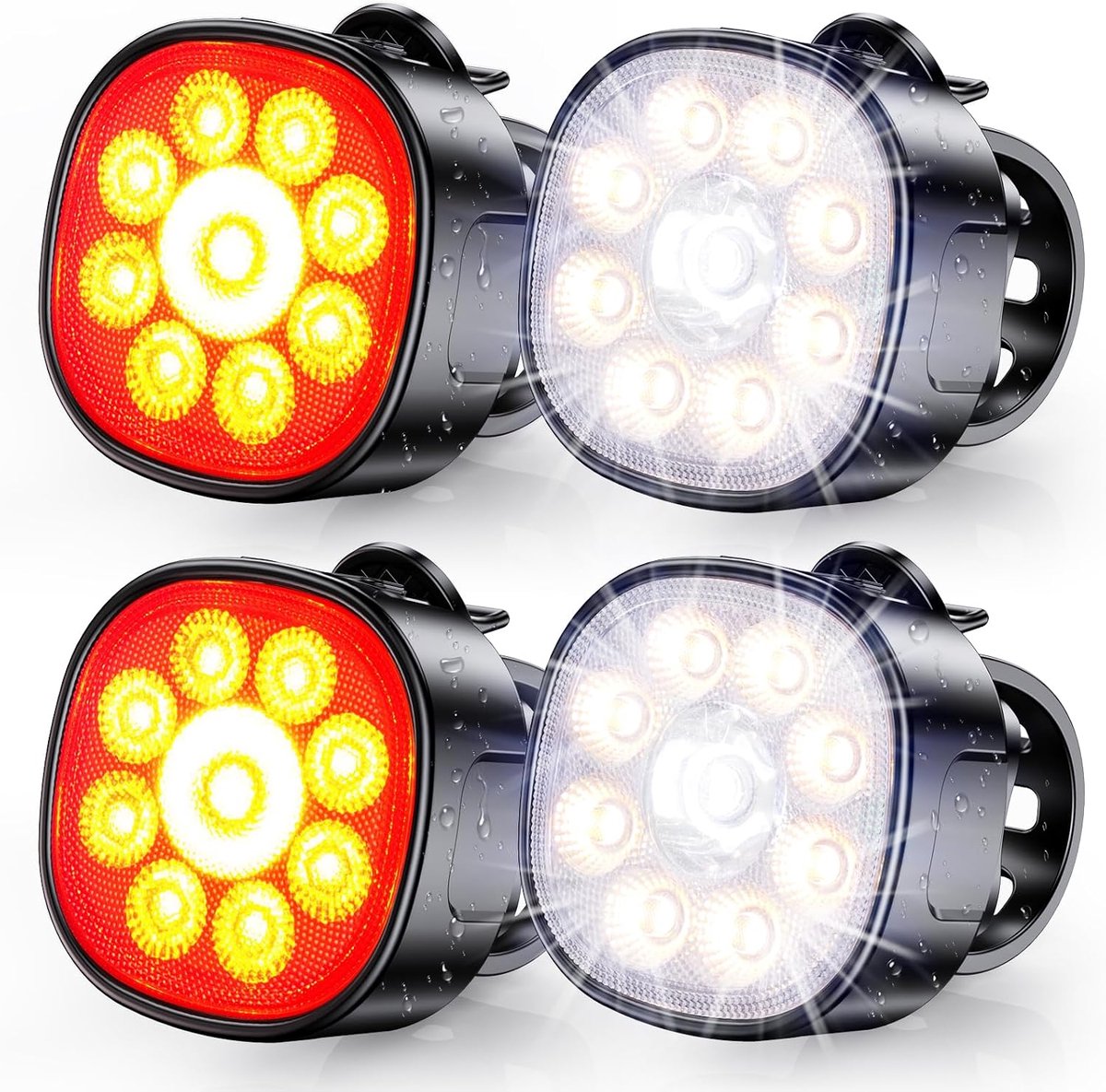 SnelShoppen - Fietslichten Set met 8+7 Verlichtingsmodi, Oplaadbare USB Fietsverlichting Voor en Achter, Ultra Helder met Spot- en Floodlight, IP65 Wa