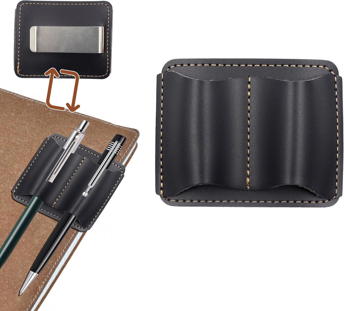 SnelShoppen - Handgemaakte Leren Penhouder voor Notitieboek, 7 x 5.8cm, Compacte Pennenhouder met Clip, Dubbele Sleuven voor Dagboek, Clipboard (Zwart