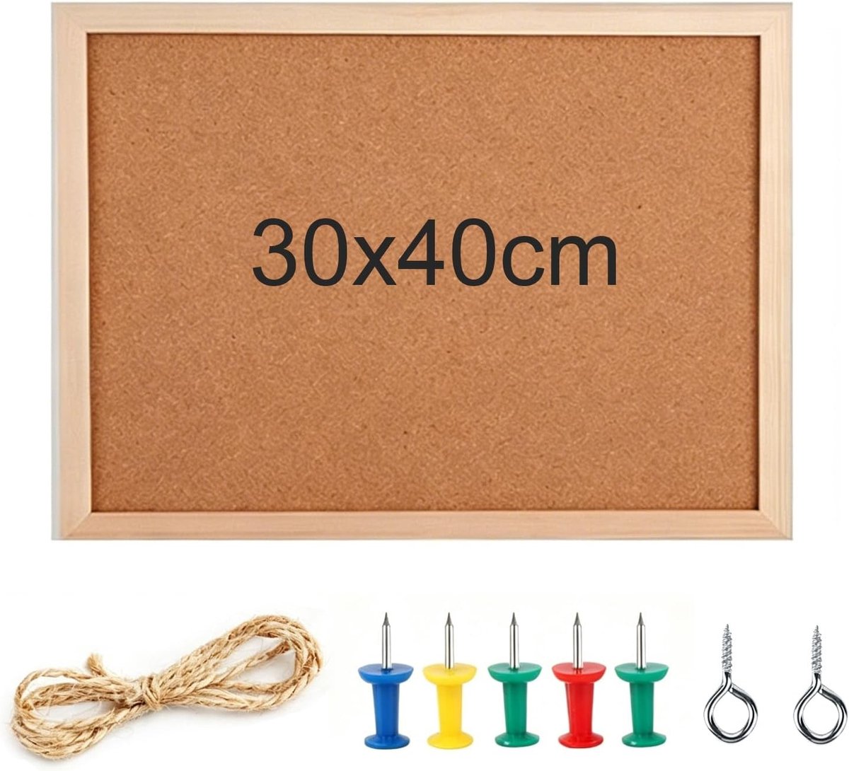 Kurk prikbord 40 x 30 cm met houten frame, ideaal voor keuken en kantoor, inclusief bevestigingsmateriaal en drukstiften