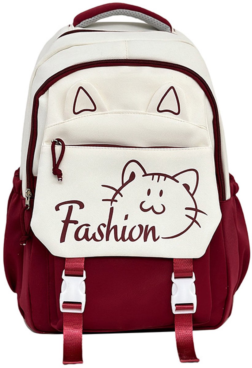 Rugzak met kattenprint en pluche bedeltje, duurzame tas met meerdere vakken voor dagelijks gebruik en op reis, ideaal als cadeau voor de start van het schooljaar (rood).