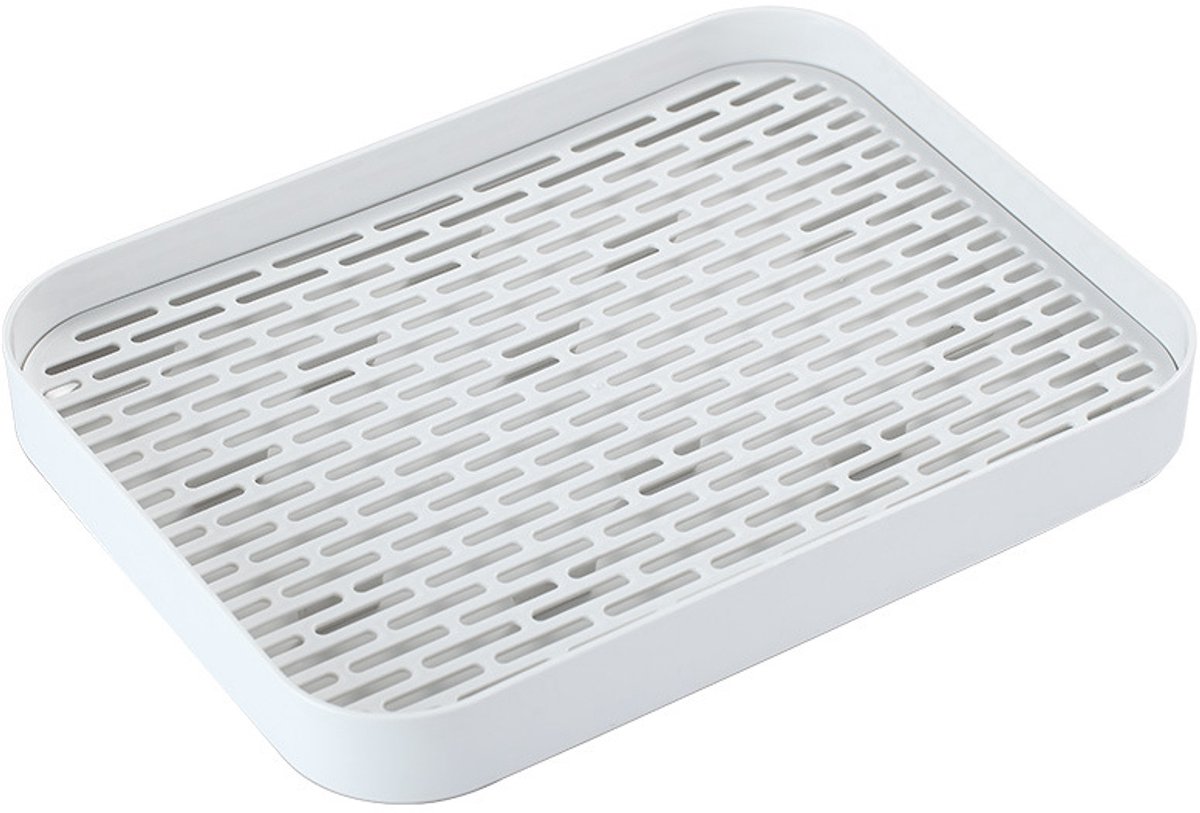 Dubbele laags waterafvoer dienblad voor glazen en waterkannen, verdiept model afmetingen 33x25x4,2cm, opbergbak voor 4 bekers en 1 kan, wit keuken droogrek
