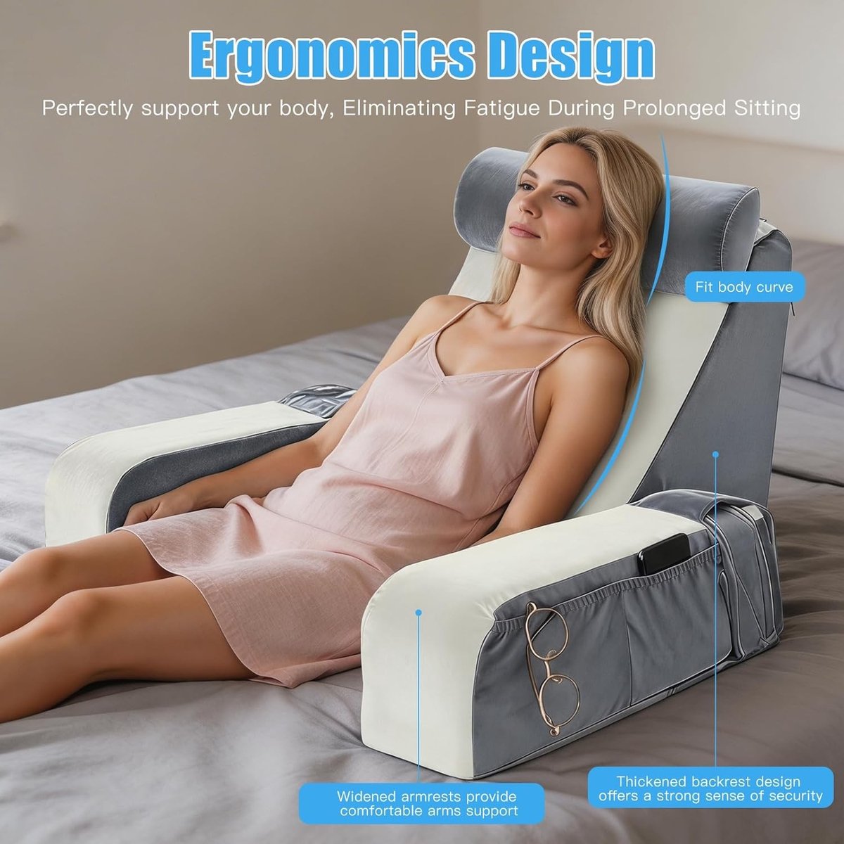 Comfortabel leeskussen voor bed en bank met afneembare nekrol, armleuning en rugleuning, multifunctioneel kussen voor lezen en ontspannen (grijs + wit)