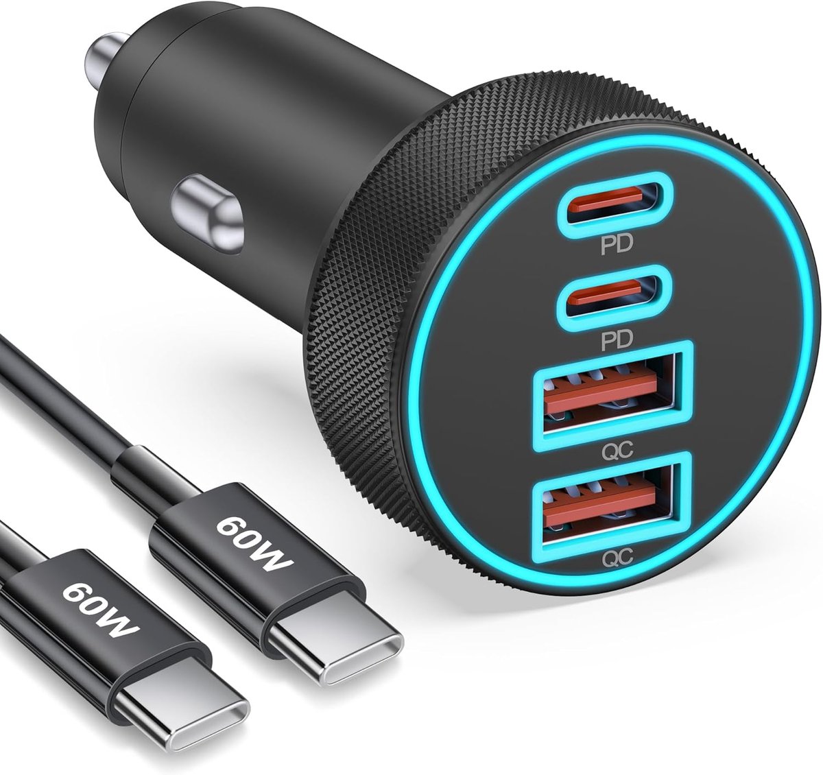 90 W USB-C sigarettenaanstekerlader, 4-poorts dubbel 45 W USB-C/A, PD/QC 12 V snellaadadapter voor auto + USBC-kabel voor iPhone 17e/17/Air/16/15 Pro Max, Samsung S26/S25/S24, Google 10/9/8