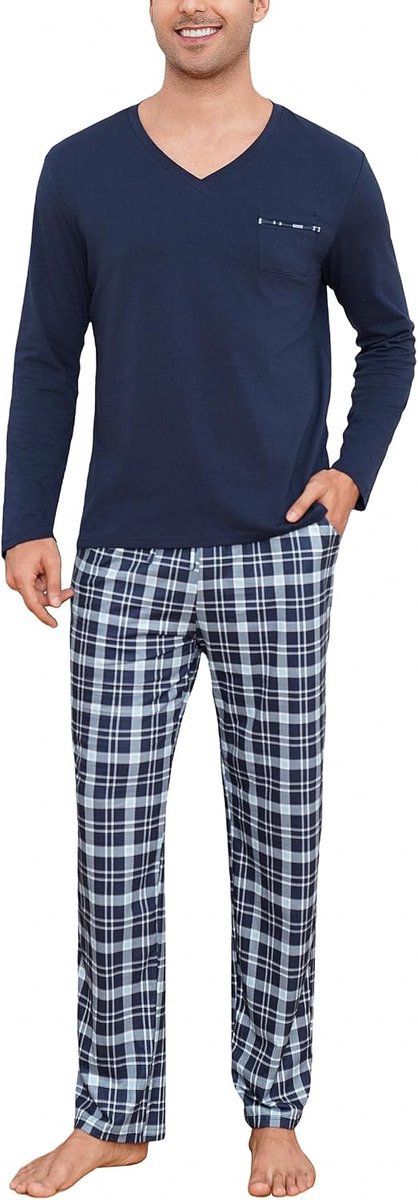 Pyjama heren lang katoen huispak V-hals lange mouwen pyjama