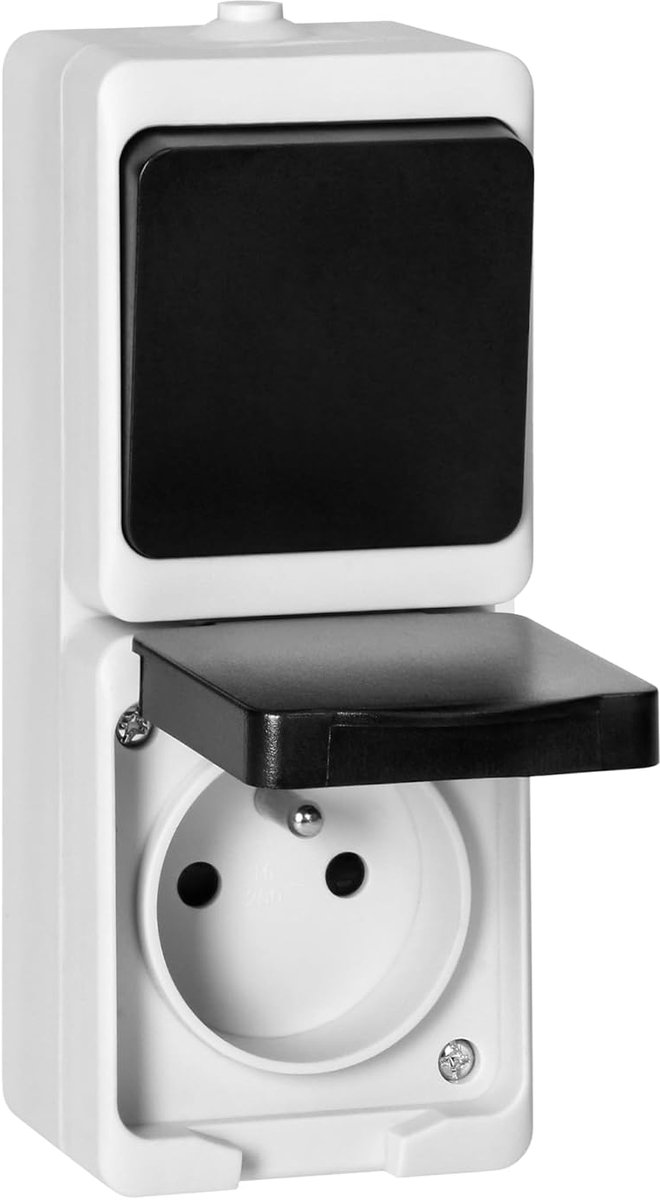 Schakelaar Opbouw + 2P+Z Stopcontact Franse versie Ip 54 Wit-Zwart