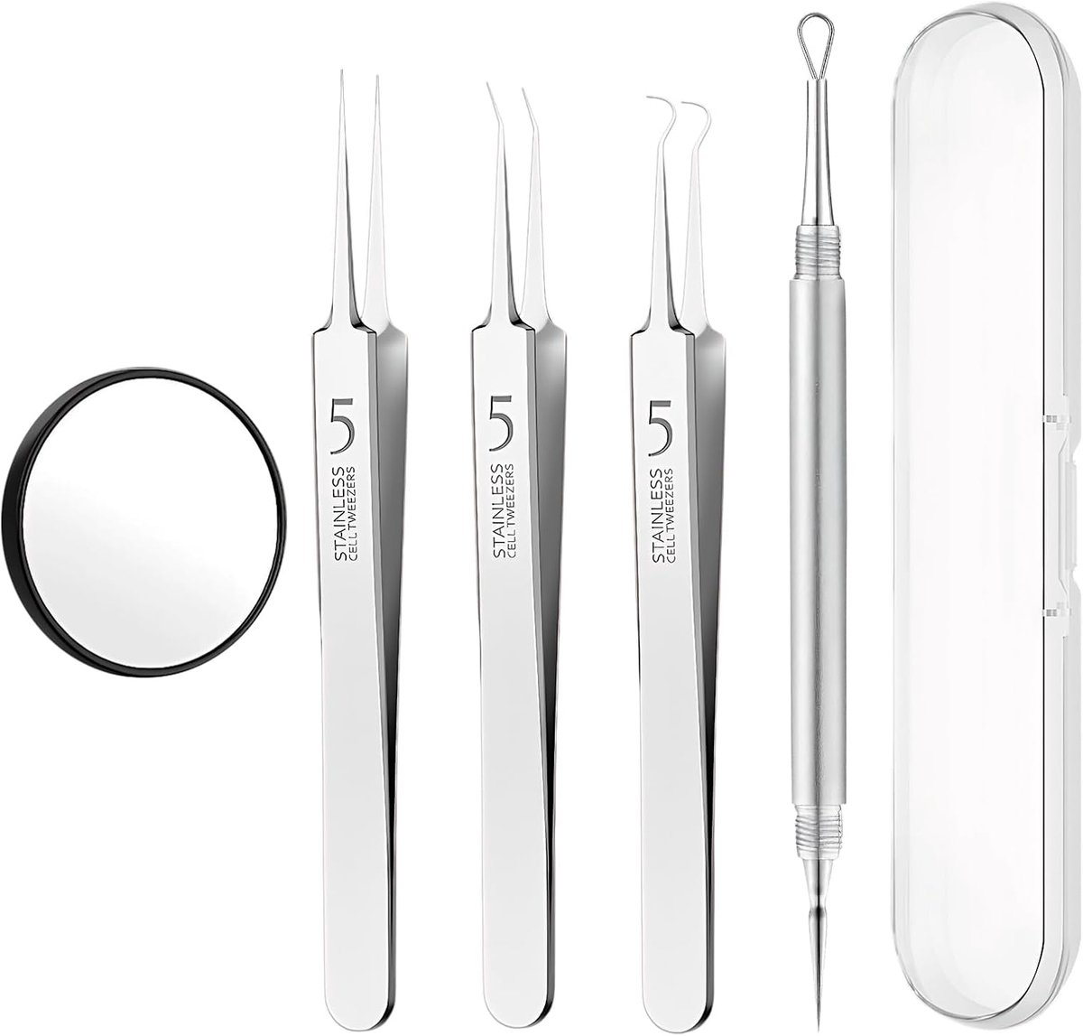 SnelShoppen - 5 Stuks Pimple Tool Set - Professionele Pincet Blackhead Verwijderaar - Roestvrij Staal Pimple Verwijderaar met Vergrotende Spiegel - Mi