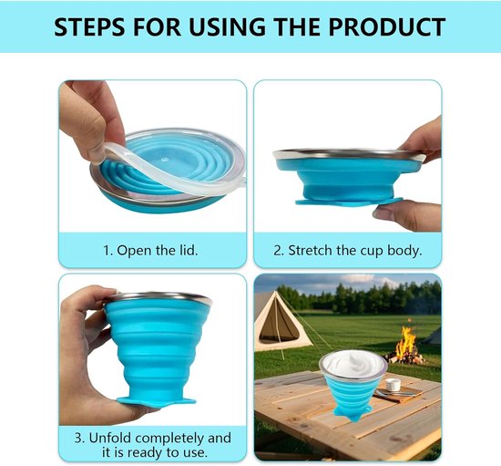Opvouwbare bekers 270 ml - siliconen met deksel - draagbaar voor kamperen - herbruikbaar tweekleurige set - m-winkel — afbeelding 2
