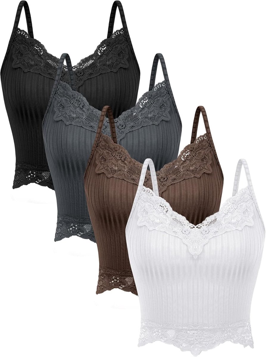 Kanten Y2K tanktops, fairy grunge kleding, cropped tops, kanten patchwork cami, geribbelde gebreide tanktop voor vrouwen, 4 stuks