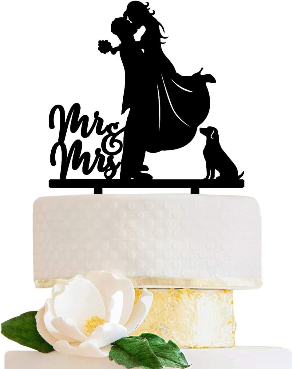Bruidstaart topper met een hond zwarte bruid en bruidegom paar kussen taart decoratie, geschenkdoos