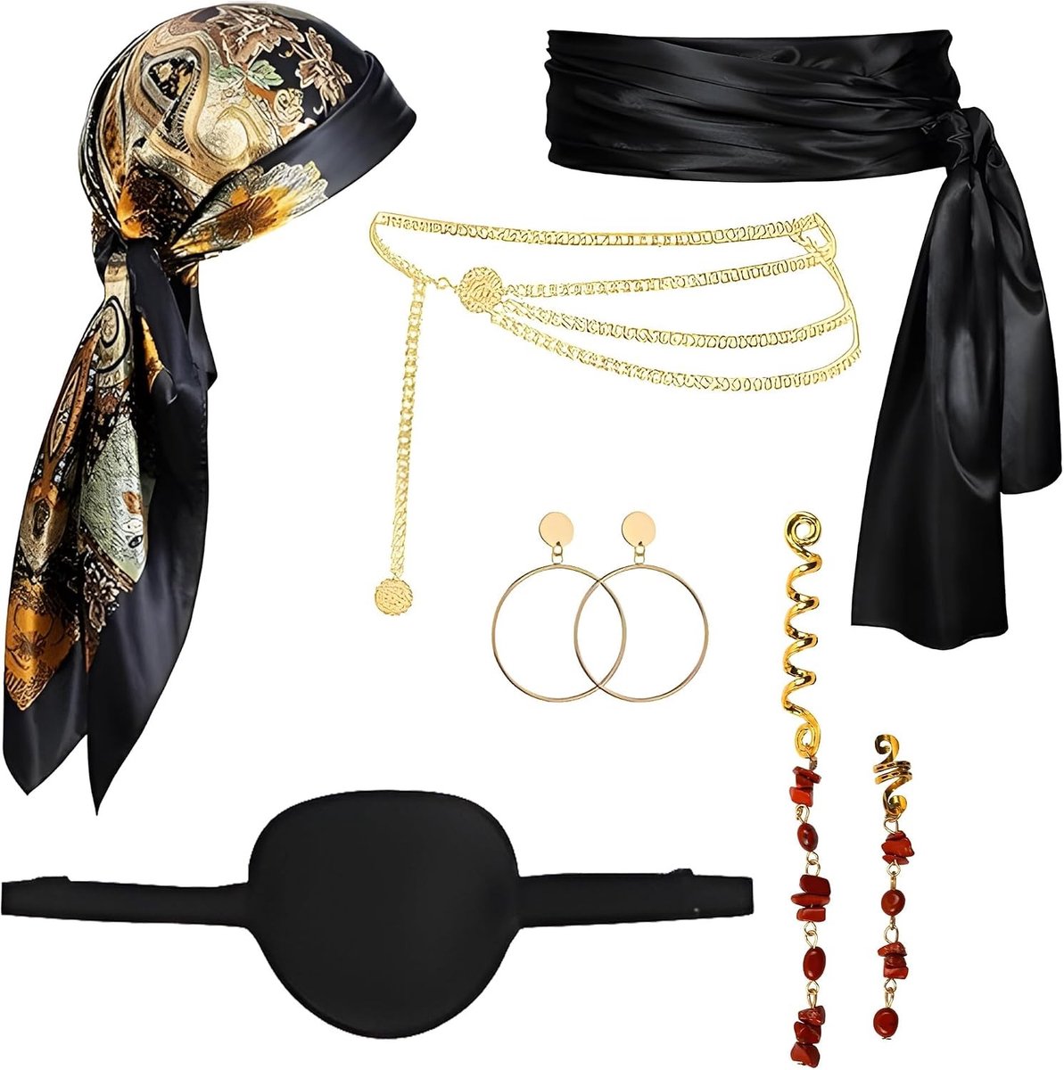 Dames piratenkostuum met accessoires: hoofddoek, riem, blinddoek, heupketting en oorbellen, perfect voor themafeesten en carnaval