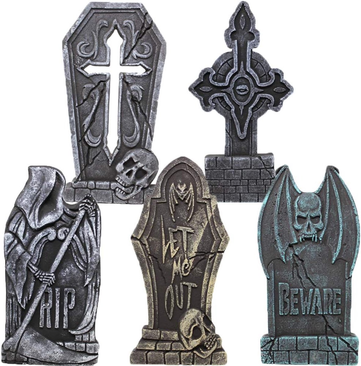 17" Halloween Foam RIP Graveyard Tombstones (5 stuks), grafsteendecoraties en 12 bonus metalen palen voor Halloween tuin decoraties