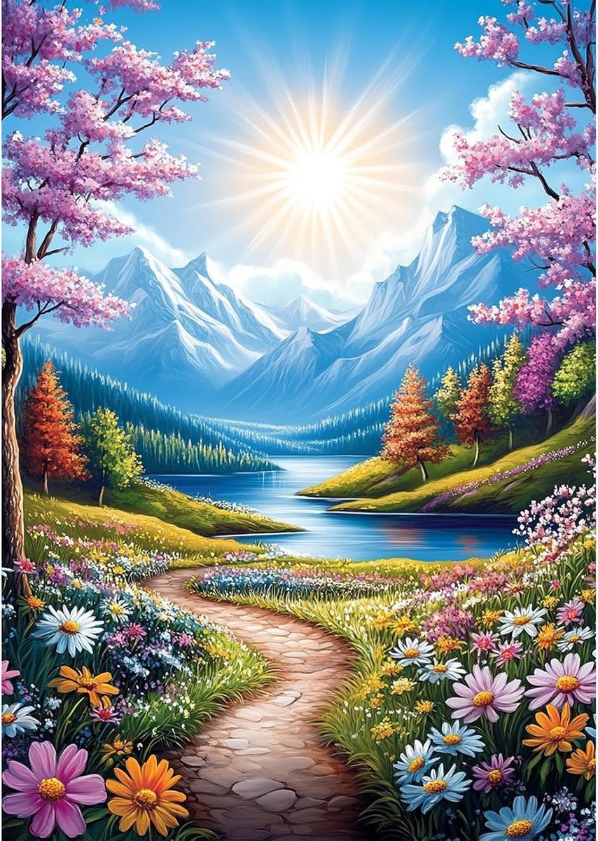 Lente Landschap 5D Diamant Schilderij Set, Mooie Bloemen Mozaïek