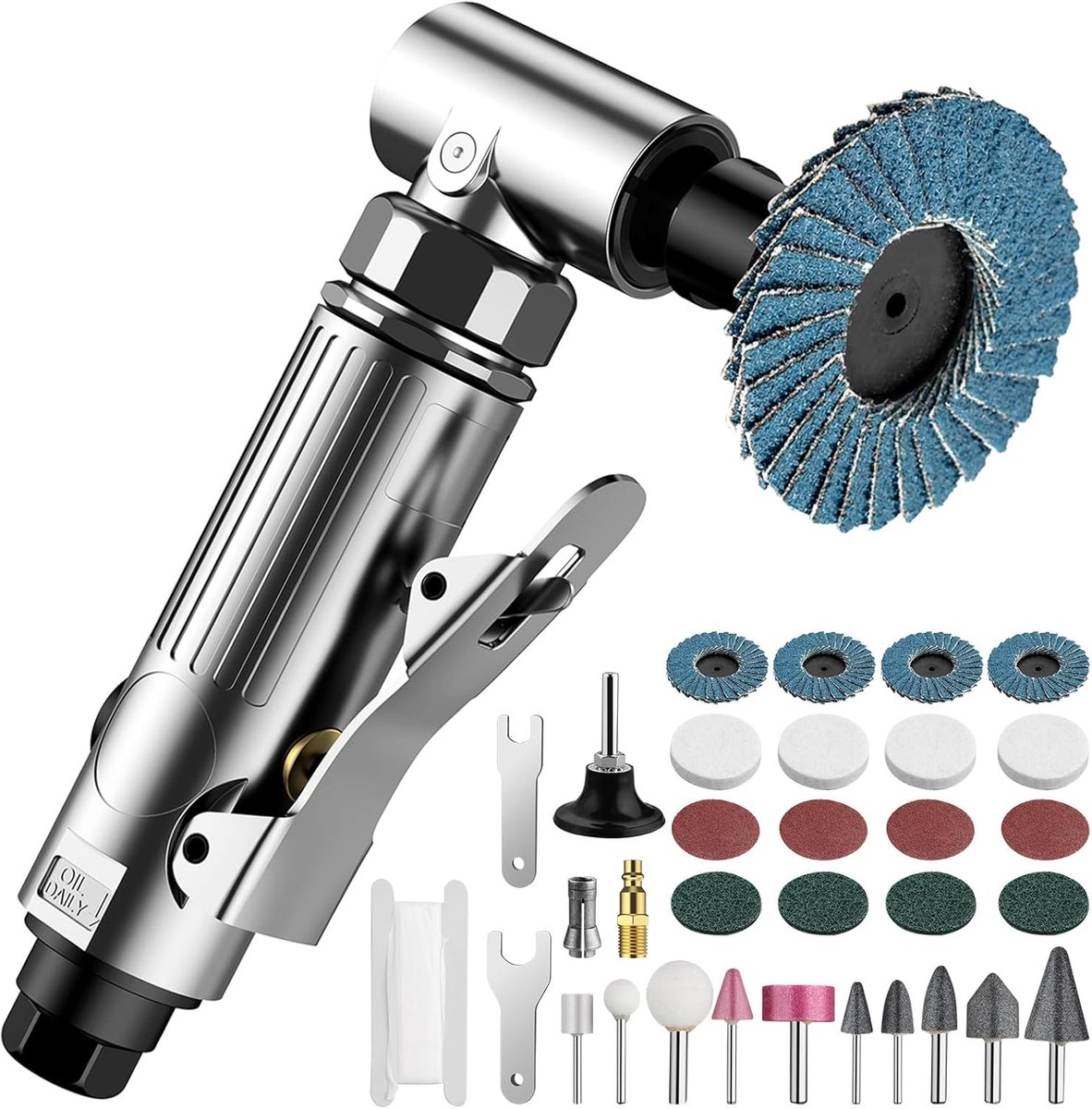Pneumatische haakse slijper 1/4 inch, 20.000 omw/min met accessoires, 2 boorhouder 3 mm en 6 mm voor het voorbereiden van oppervlakken voor slijpen, polijsten en slijpen, carrosserie, ontbramen